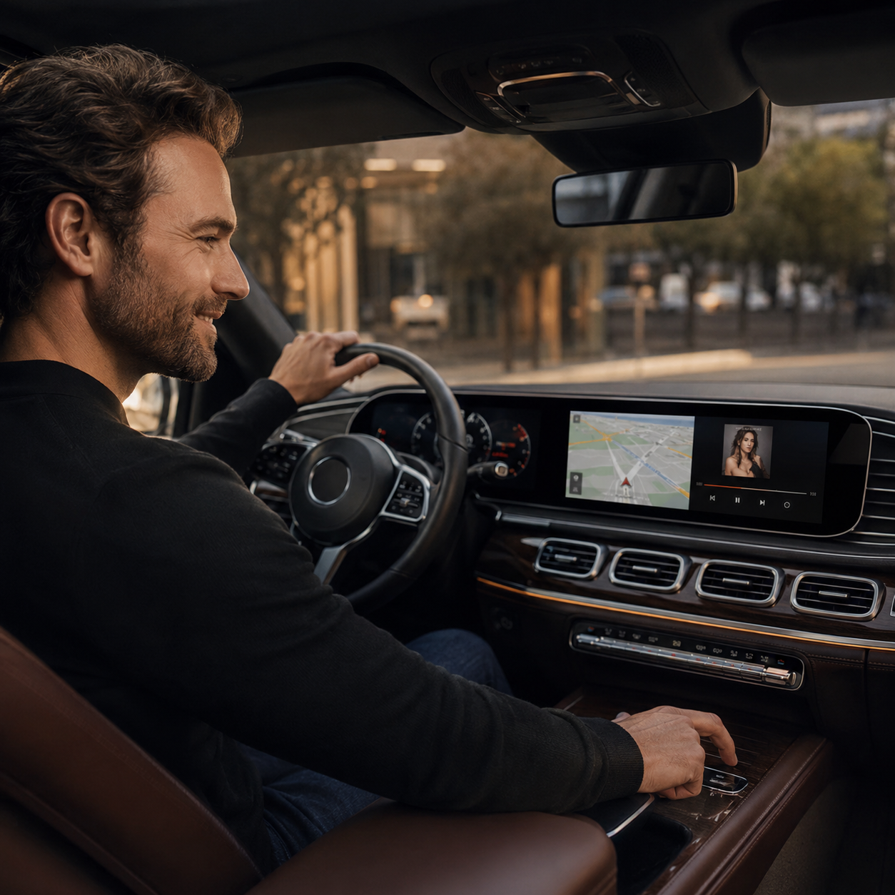 Happy driver using wireless navigation